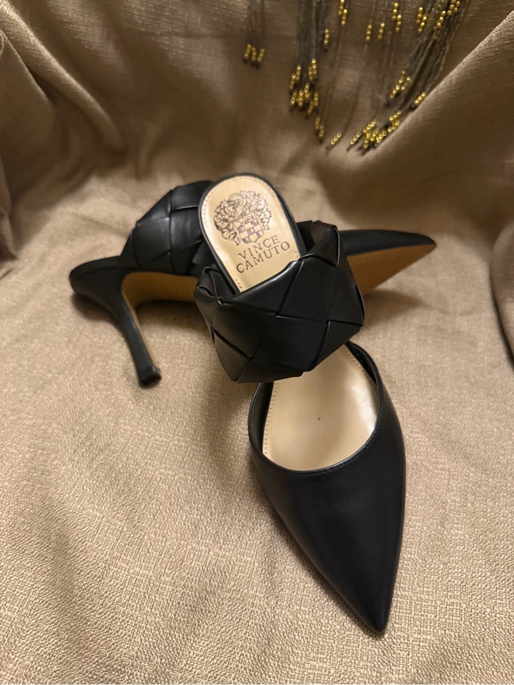 Vince Camuto Black Pointed-Toe Woven Mule Heels NWOT